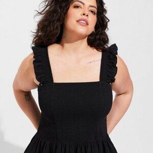 Torrid - Peplum Washable Crinkle Gauze Smocked Tank Top in Deep Black​​​​​​